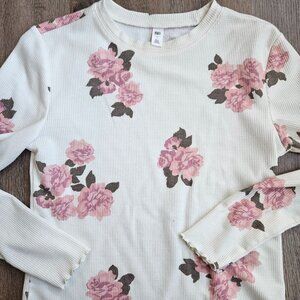 BP Nordstrom Waffle Knit Top Small White Floral Rose Lettuce Edge Long Sleeve S